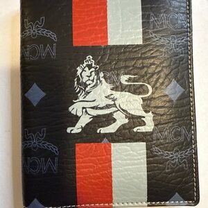 MCM Black Leather Card & Key Holder with Red and White Stripes